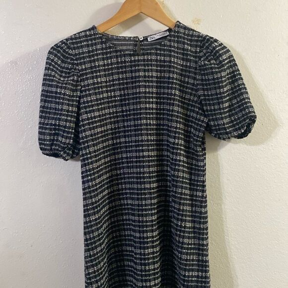 Like New ZARA Black White Tweed Textured Puff Sleeve Mini Dress - Picture 3 of 7